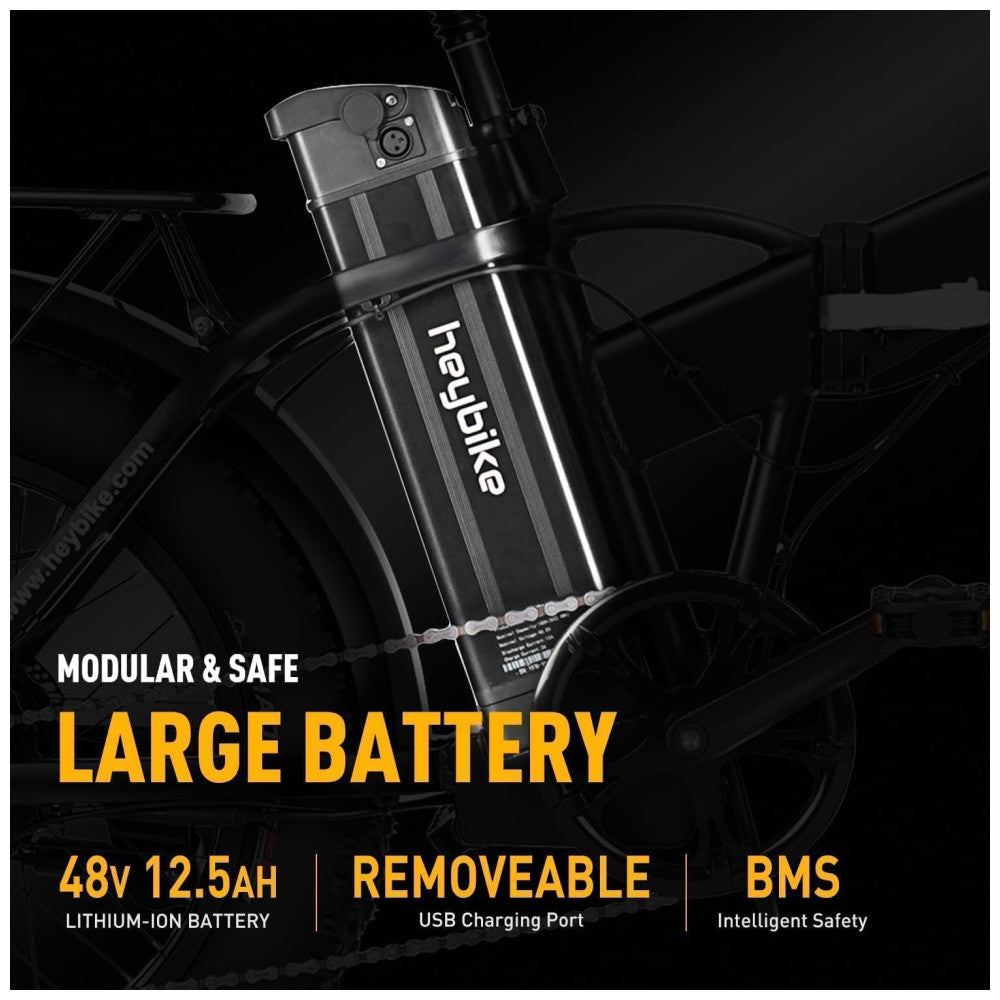Bicicleta Elétrica Dobrável Heybike Mars 2.0 Preta | Autonomia 80 km, Velocidade 45 km/h, Motor 750W (Pico 1200W), Suspensão Total, Rodas 20", Câmbio 7V
