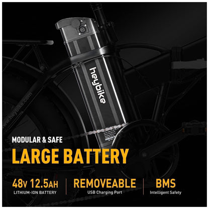 Bicicleta Elétrica Dobrável Heybike Mars 2.0 Preta | Autonomia 80 km, Velocidade 45 km/h, Motor 750W (Pico 1200W), Suspensão Total, Rodas 20", Câmbio 7V