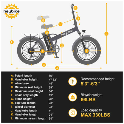 Bicicleta Elétrica Dobrável Heybike Mars 2.0 Preta | Autonomia 80 km, Velocidade 45 km/h, Motor 750W (Pico 1200W), Suspensão Total, Rodas 20", Câmbio 7V