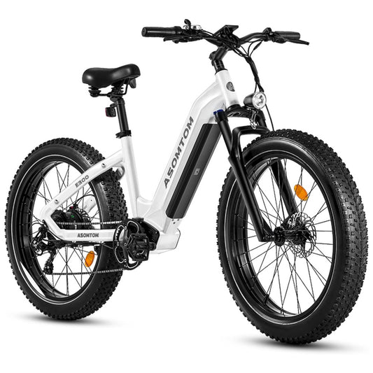 Bicicleta Elétrica Asomtom E300 750W com Motor Bafang – Bateria Removível 48V 15Ah, Rodas 26", Suspensão Hidráulica, Freios a Disco, Câmbio Shimano 7V, Visor LCD – Branca