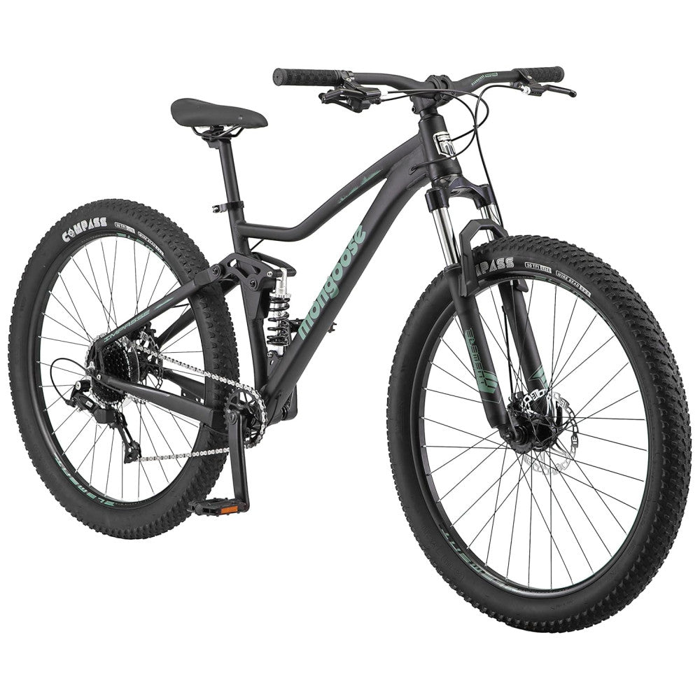 Bicicleta Mountain Bike Mongoose Impasse 1.0 – Suspensão Completa, Aro 27,5″, 7 Velocidades, Freios a Disco, Cor Matte Black