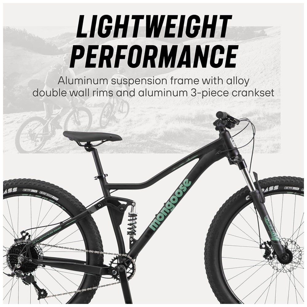 Bicicleta Mountain Bike Mongoose Impasse 1.0 – Suspensão Completa, Aro 27,5″, 7 Velocidades, Freios a Disco, Cor Matte Black