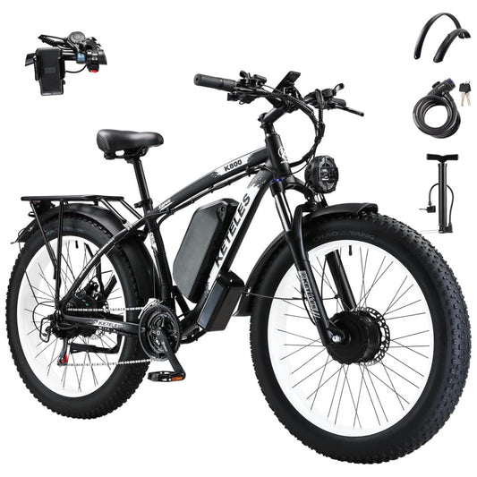 Bicicleta Elétrica KETELES Peak 4000W, Motor Duplo 2000W, Pneus 26 , Bateria 1104Wh, Freios Hidráulicos, Suspensão Completa, até 56 km h, Preta e Branca