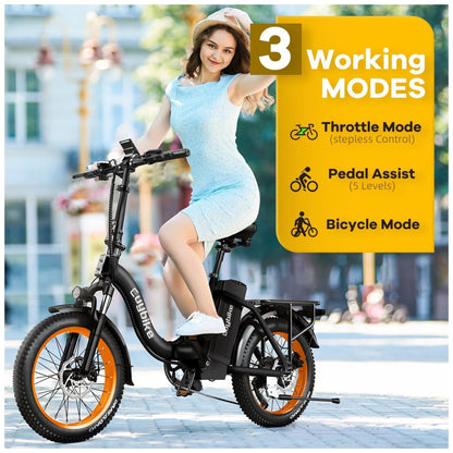 Bicicleta Elétrica Dobrável KEBIKO 750W, Bateria 48V 20Ah, Velocidade 48 km h, Suspensão Dupla, Freios a Disco, Rodas 20 , Display LCD, PRETA e LARANJA