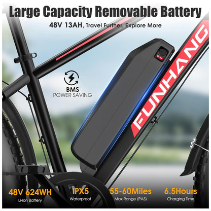Bicicleta Elétrica Dobrável Funhang EB-S1 26" | Motor 1000W, Bateria 48V 13Ah Removível, 7 Velocidades, 5 Modos de Condução