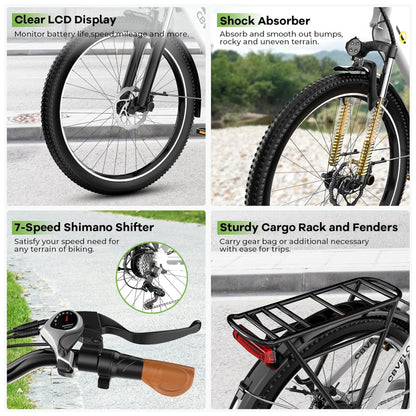 Bicicleta Elétrica Aoango EK2 1000W Pico Velocidade Máxima 40km h, Autonomia 128km, Rodas 26 , Suspensão Frontal, Câmbio Shimano 7V, Bateria 48V 15Ah Removível, LCD Colorido, Verde