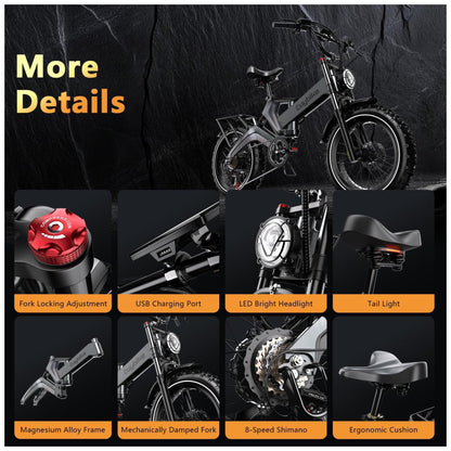 Bicicleta Elétrica Todo-o-Terreno Kebiko K6F Cinza 20" | Motor 2000W, Bateria 48V 25Ah, Freios Hidráulicos, Dobrável