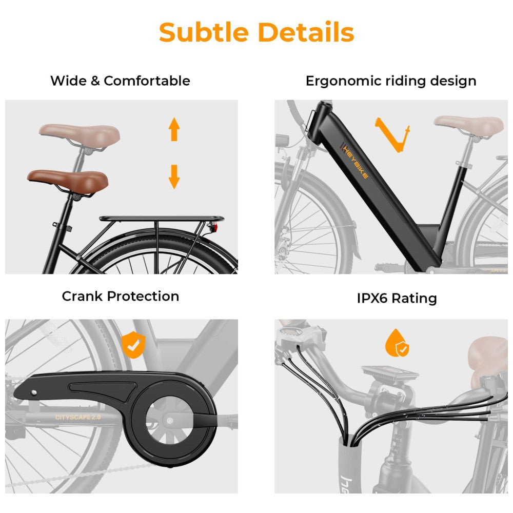 Bicicleta Elétrica Heybike Cityscape 2.0, 500W Motor de Pico 1000W, 80 km de Alcance, 38 km h, Bateria Removível 468Wh, Rodas 26 , Suspensão 7 Velocidades, Freios a Disco PRETO