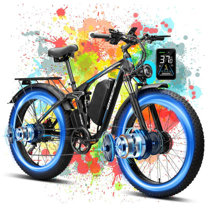 Bicicleta Elétrica Qweepei E7 48V, Motor 3000W, Bateria 48V 23Ah Removível, Suspensão Total com Garfo Dianteiro Trava e Amortecedor Traseiro, Freios Hidráulicos a Disco Duplos, Rodas 24 26 Todo Terreno, 7 Marchas, Display LCD Inteligente, PRETA