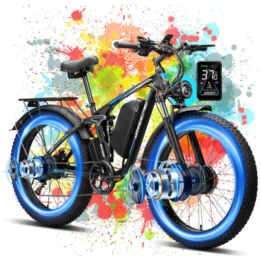 Bicicleta Elétrica Qweepei E7 48V, Motor 3000W, Bateria 48V 23Ah Removível, Suspensão Total com Garfo Dianteiro Trava e Amortecedor Traseiro, Freios Hidráulicos a Disco Duplos, Rodas 24 26 Todo Terreno, 7 Marchas, Display LCD Inteligente, PRETA