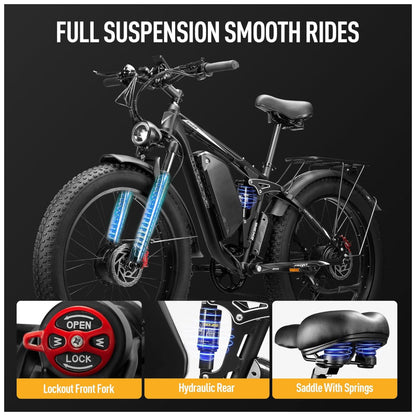 Bicicleta Elétrica Qweepei E7 48V, Motor 3000W, Bateria 48V 23Ah Removível, Suspensão Total com Garfo Dianteiro Trava e Amortecedor Traseiro, Freios Hidráulicos a Disco Duplos, Rodas 24 26 Todo Terreno, 7 Marchas, Display LCD Inteligente, PRETA