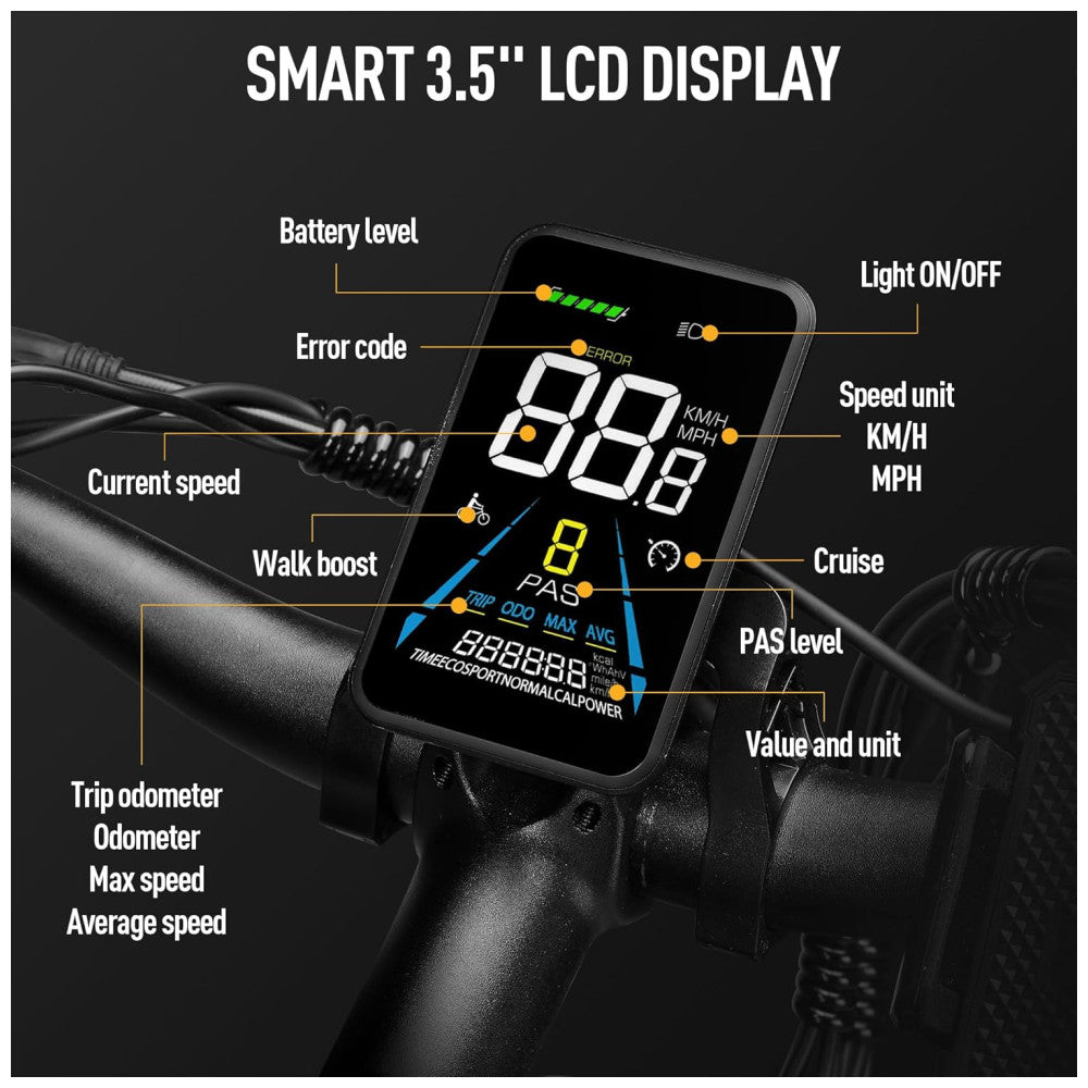 Bicicleta Elétrica Qweepei E7 48V, Motor 3000W, Bateria 48V 23Ah Removível, Suspensão Total com Garfo Dianteiro Trava e Amortecedor Traseiro, Freios Hidráulicos a Disco Duplos, Rodas 24 26 Todo Terreno, 7 Marchas, Display LCD Inteligente, PRETA