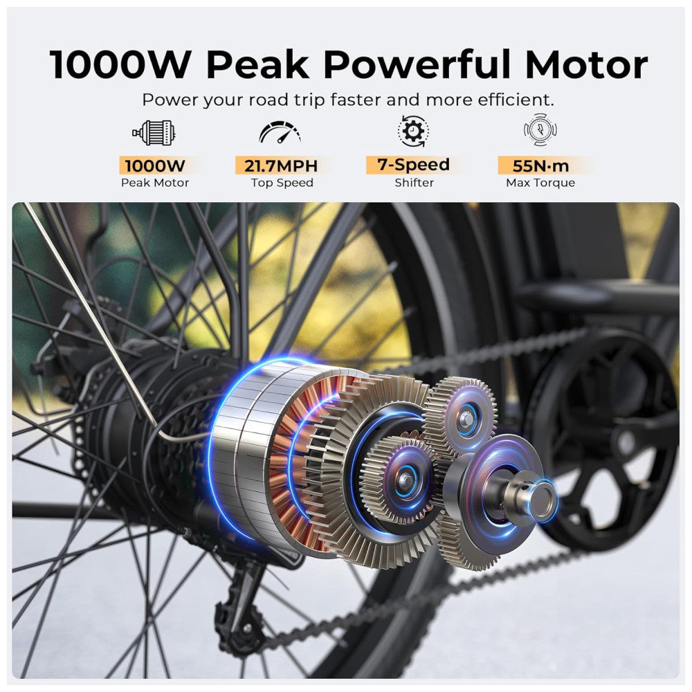 Bicicleta Elétrica Funhang EB C1 1000W com Bateria Removível 48V, 7 Velocidades e Tela LCD para Deslocamento Diário, PRETA