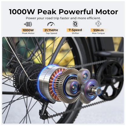 Bicicleta Elétrica Funhang EB C1 1000W com Bateria Removível 48V, 7 Velocidades e Tela LCD para Deslocamento Diário, PRETA