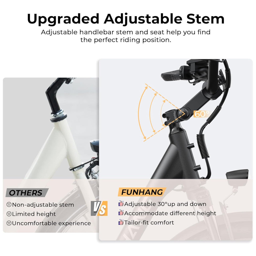 Bicicleta Elétrica Funhang EB C1 1000W com Bateria Removível 48V, 7 Velocidades e Tela LCD para Deslocamento Diário, PRETA
