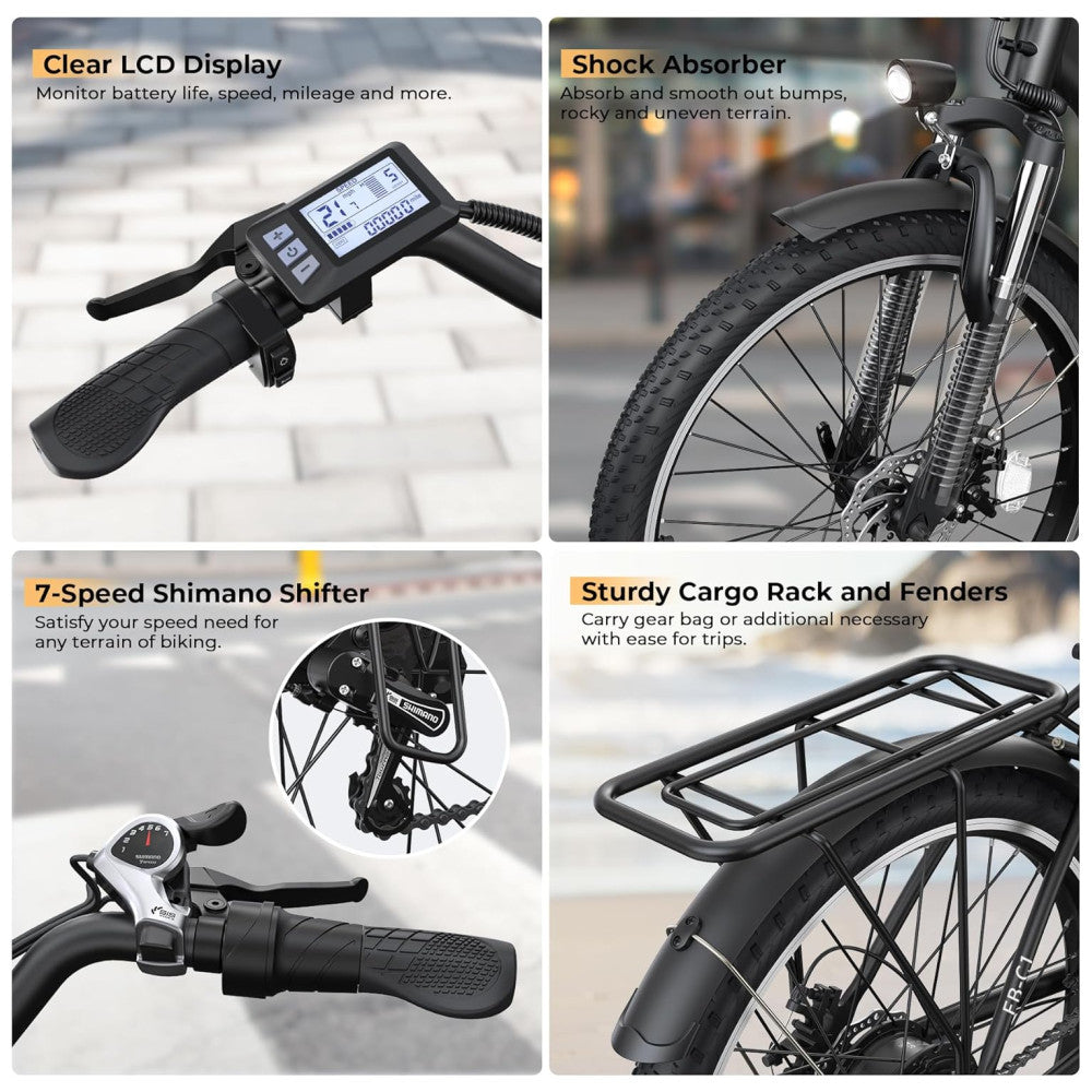 Bicicleta Elétrica Funhang EB C1 1000W com Bateria Removível 48V, 7 Velocidades e Tela LCD para Deslocamento Diário, PRETA