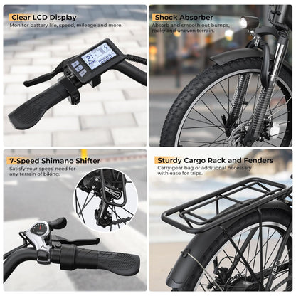 Bicicleta Elétrica Funhang EB C1 1000W com Bateria Removível 48V, 7 Velocidades e Tela LCD para Deslocamento Diário, PRETA