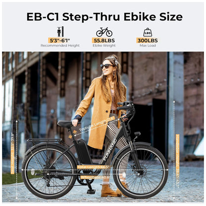 Bicicleta Elétrica Funhang EB C1 1000W com Bateria Removível 48V, 7 Velocidades e Tela LCD para Deslocamento Diário, PRETA