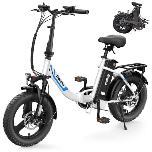 Bicicleta Elétrica Vivi Gopina UL 350W, Bateria 48V 7,8Ah, Autonomia 80 km, Quadro Degrau Baixo Dobrável, Pneus Fat 16x3.0, 7 Marchas, Tela LCD, Assistência ao Pedal, Branca e Azul