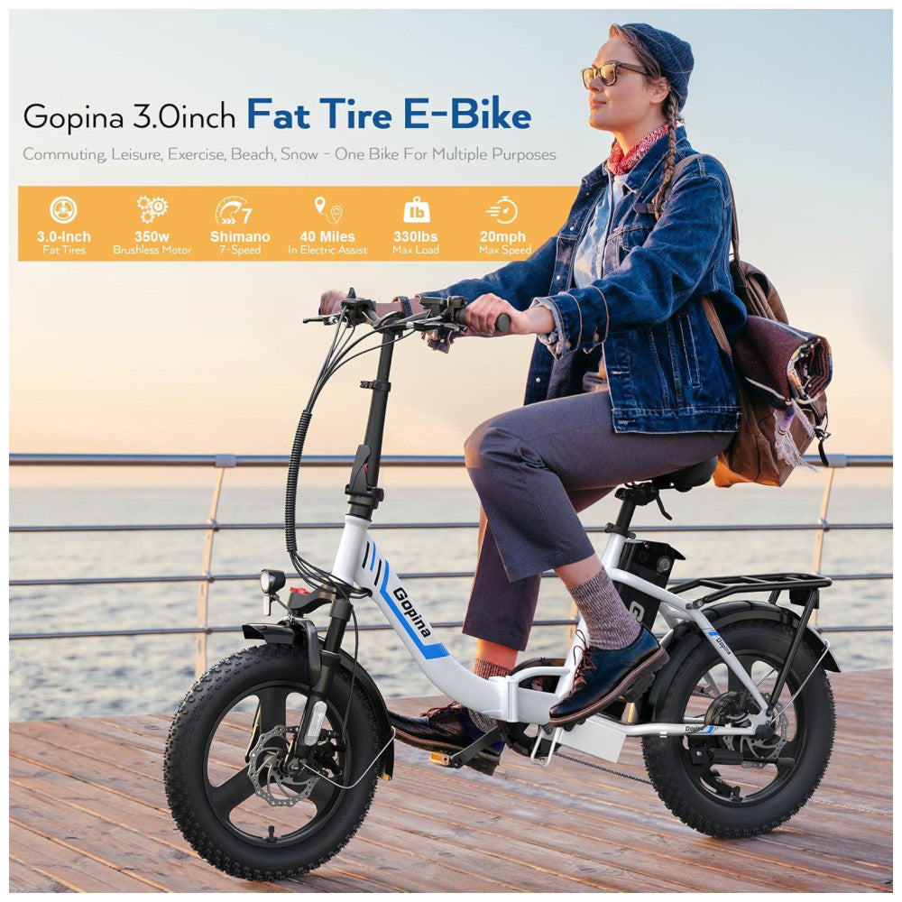 Bicicleta Elétrica Vivi Gopina UL 350W, Bateria 48V 7,8Ah, Autonomia 80 km, Quadro Degrau Baixo Dobrável, Pneus Fat 16x3.0, 7 Marchas, Tela LCD, Assistência ao Pedal, Branca e Azul