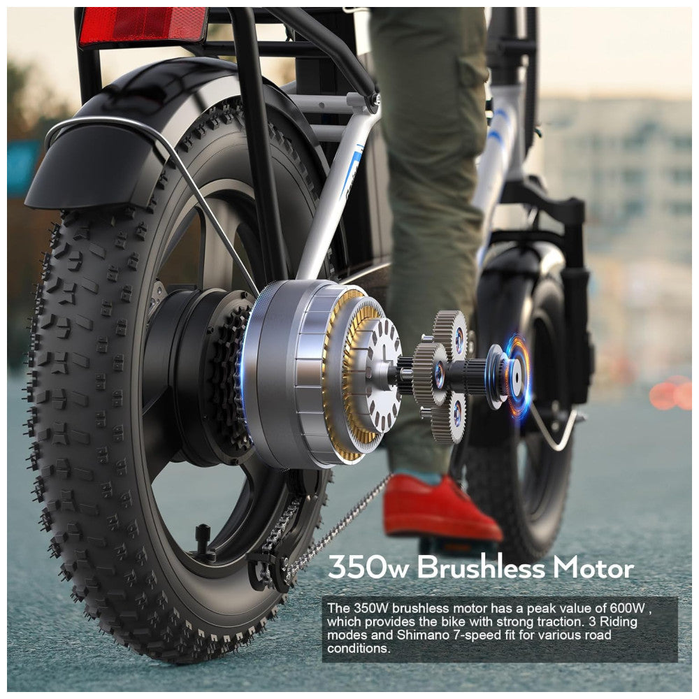 Bicicleta Elétrica Vivi Gopina UL 350W, Bateria 48V 7,8Ah, Autonomia 80 km, Quadro Degrau Baixo Dobrável, Pneus Fat 16x3.0, 7 Marchas, Tela LCD, Assistência ao Pedal, Branca e Azul
