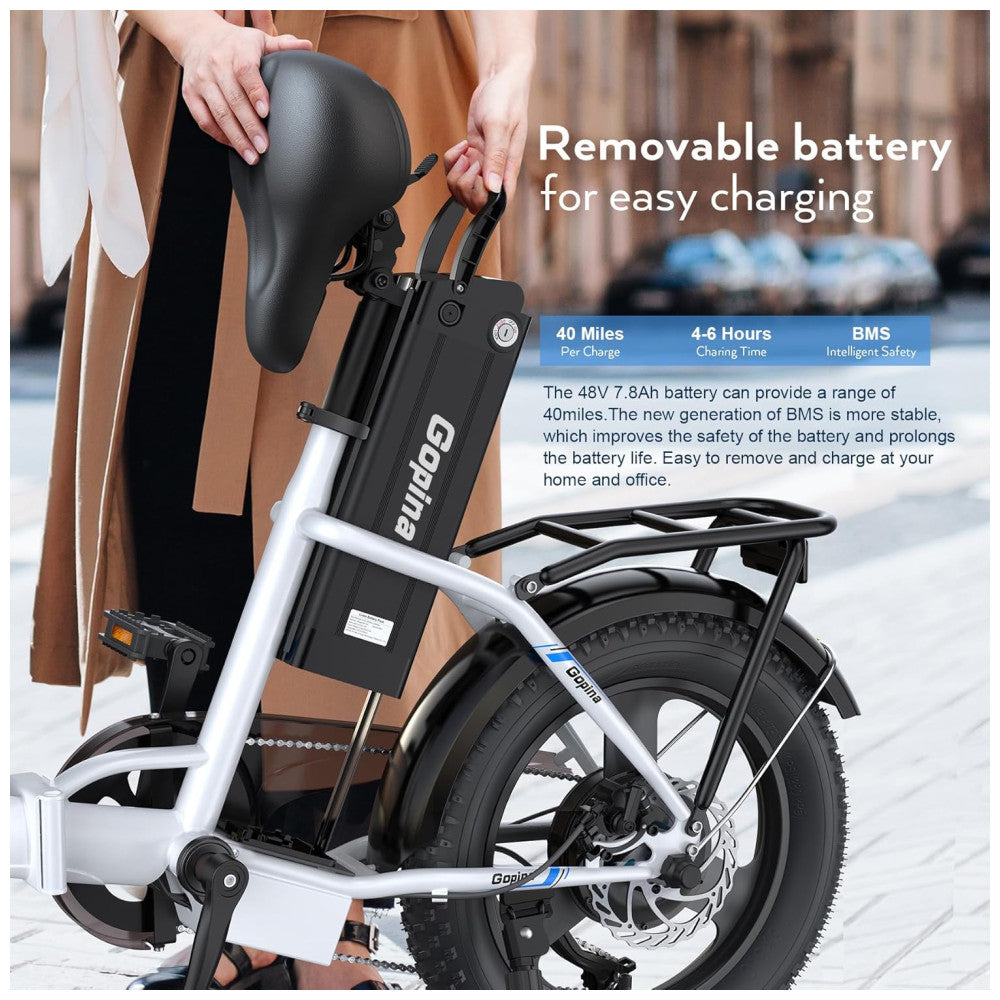 Bicicleta Elétrica Vivi Gopina UL 350W, Bateria 48V 7,8Ah, Autonomia 80 km, Quadro Degrau Baixo Dobrável, Pneus Fat 16x3.0, 7 Marchas, Tela LCD, Assistência ao Pedal, Branca e Azul