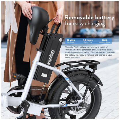 Bicicleta Elétrica Vivi Gopina UL 350W, Bateria 48V 7,8Ah, Autonomia 80 km, Quadro Degrau Baixo Dobrável, Pneus Fat 16x3.0, 7 Marchas, Tela LCD, Assistência ao Pedal, Branca e Azul