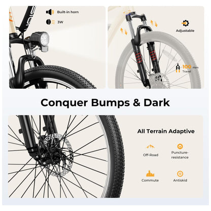Bicicleta Elétrica Urbana Jasion RetroVolt 26 Cáqui Motor 350W Pico 500W , Bateria 36V 360Wh Removível, 7 Velocidades, 4 Modos de Condução
