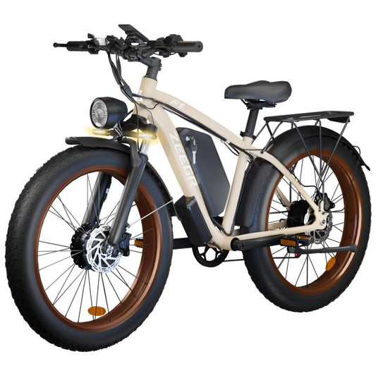 Bicicleta Elétrica ZEEGR 2000W para Adultos, Motor Duplo, Bateria 48V 22,4Ah, 96 km Autonomia, Pneus 26x4.0, Freio Hidráulico, Suspensão, 7 Marchas, 56 km h, Bege