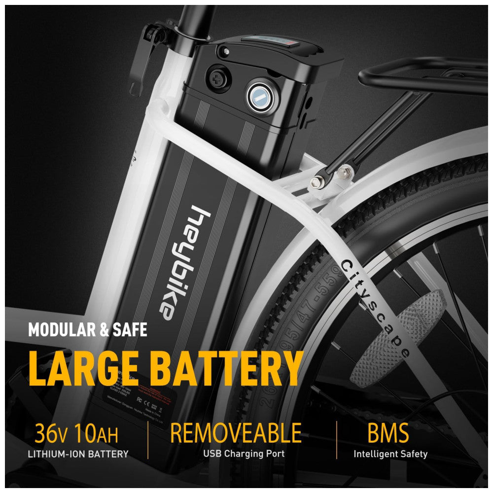 Bicicleta Elétrica Heybike Cityscape Branca Autonomia 64 km, Velocidade 37 km h, Rodas 26 , Câmbio 7 Marchas, Quadro Step Through, Freios a Disco