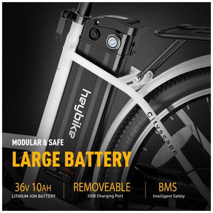 Bicicleta Elétrica Heybike Cityscape Branca Autonomia 64 km, Velocidade 37 km h, Rodas 26 , Câmbio 7 Marchas, Quadro Step Through, Freios a Disco