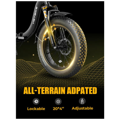 Bicicleta Elétrica Dobrável Heybike Ranger 2.0 Preta | Autonomia 88 km, Velocidade 40 km/h, Motor Potente, Pneus 20"x4", Suspensão Frontal, Freios a Disco