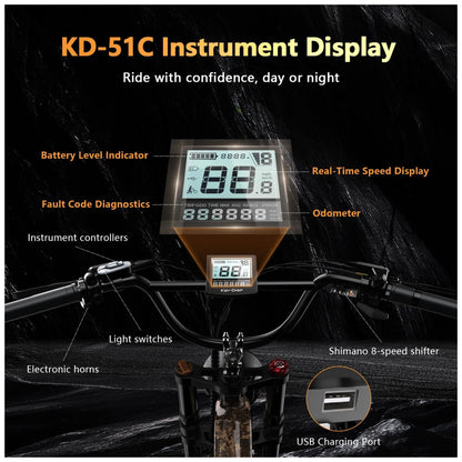 Bicicleta Elétrica Kebiko K6F Dourado 20" | Motor 2000W (Pico), Bateria 48V 25Ah, 8 Velocidades, Freios Hidráulicos