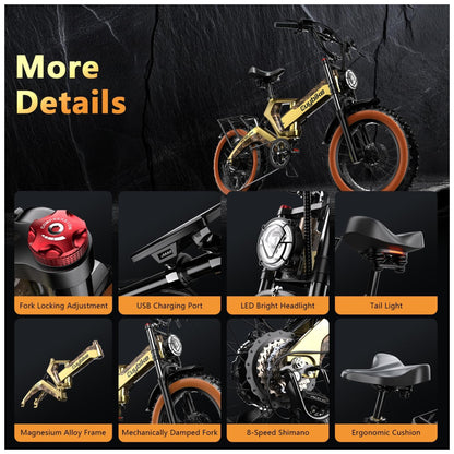 Bicicleta Elétrica Kebiko K6F Dourado 20" | Motor 2000W (Pico), Bateria 48V 25Ah, 8 Velocidades, Freios Hidráulicos