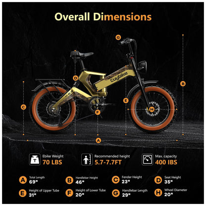 Bicicleta Elétrica Kebiko K6F Dourado 20" | Motor 2000W (Pico), Bateria 48V 25Ah, 8 Velocidades, Freios Hidráulicos
