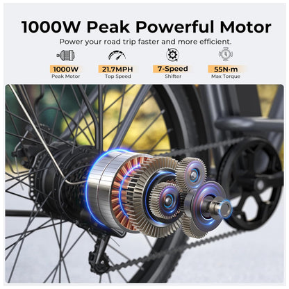 Bicicleta Elétrica Funhang EB C1 1000W com Bateria Removível 48V, 7 Velocidades e Tela LCD para Deslocamento Diário, GRAFITE