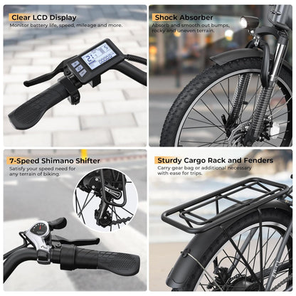 Bicicleta Elétrica Funhang EB C1 1000W com Bateria Removível 48V, 7 Velocidades e Tela LCD para Deslocamento Diário, GRAFITE