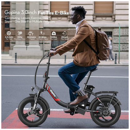 Bicicleta Elétrica Vivi Gopina UL 350W, Bateria 48V 7,8Ah, Autonomia 80 km, Quadro Degrau Baixo Dobrável, Pneus Fat 16x3.0, 7 Marchas, Tela LCD, Assistência ao Pedal, Preta e vermelho
