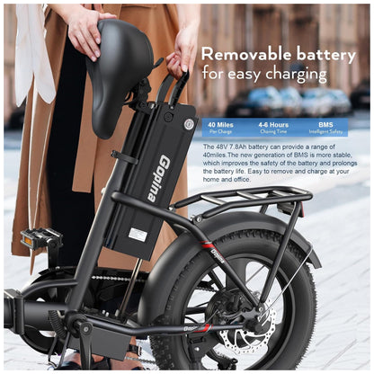 Bicicleta Elétrica Vivi Gopina UL 350W, Bateria 48V 7,8Ah, Autonomia 80 km, Quadro Degrau Baixo Dobrável, Pneus Fat 16x3.0, 7 Marchas, Tela LCD, Assistência ao Pedal, Preta e vermelho