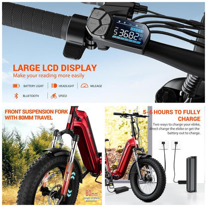 Bicicleta Elétrica Dobrável Sisigad 1500W Pico, Pneus Fat 20 x4.0, Bateria 48V 15Ah, Autonomia 96 km, 7 Velocidades, Freios a Disco, Suspensão Completa, Vermelha