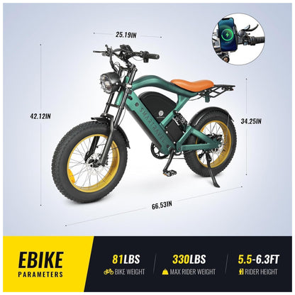 Bicicleta Elétrica SMARTRAVEL ZM22 20" Verde | Motor 1200W, Bateria 48V 20Ah, Suspensão Dupla, Freios a Disco, Câmbio Shimano 7V, GPS e LCD