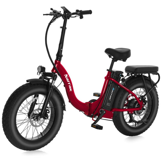 Bicicleta Elétrica Dobrável Narrak S129 Vermelho, Motor Traseiro 750W Pico 1100W , Bateria 48V 13Ah 624Wh , Pneus Largos 20 x4 , Freios a Disco Duplos, Suspensão Dianteira e Transmissão SHIMANO 7 Velocidades e velocidade máxima de 45km h, Vermelho Step