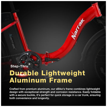 Bicicleta Elétrica Dobrável Narrak S129 Vermelho, Motor Traseiro 750W Pico 1100W , Bateria 48V 13Ah 624Wh , Pneus Largos 20 x4 , Freios a Disco Duplos, Suspensão Dianteira e Transmissão SHIMANO 7 Velocidades e velocidade máxima de 45km h, Vermelho Step