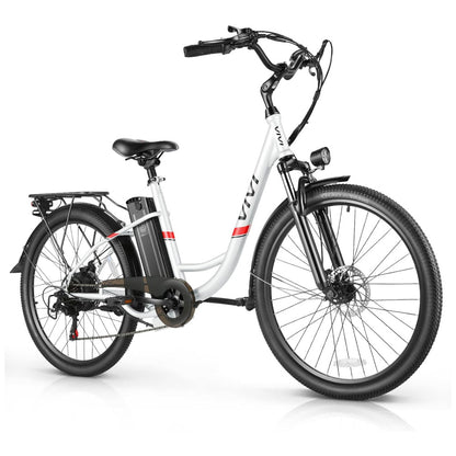 Bicicleta Elétrica VIVI Urbana 26 , Motor 1000W Pico, Bateria 48V Removível, Autonomia 80 km, Até 35 km h, Freios a Disco, 7 Marchas, Tela LCD, 5 Modos, Branca