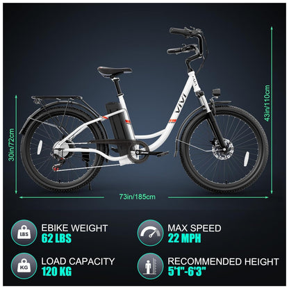 Bicicleta Elétrica VIVI Urbana 26 , Motor 1000W Pico, Bateria 48V Removível, Autonomia 80 km, Até 35 km h, Freios a Disco, 7 Marchas, Tela LCD, 5 Modos, Branca