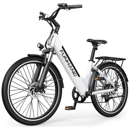 E Bike Funhang EB C2, Motor Brushless 500W Pico 1000W , Torque 55Nm, Bateria 48V 374Wh Removível, 26 , 7 Marchas, 5 Modos, Freios a Disco, IPX5, BRANCA