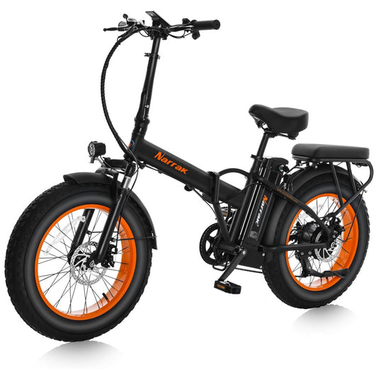 Bicicleta Elétrica Dobrável Narrak S129 Laranja StepOver, Motor Traseiro 750W Pico 1100W , Bateria 48V 13Ah 624Wh , Pneus Largos 20 x4 , Freios a Disco Duplos, Suspensão Dianteira, Transmissão SHIMANO 7 Velocidades, Velocidade Máxima 45,1 km h, Laranja