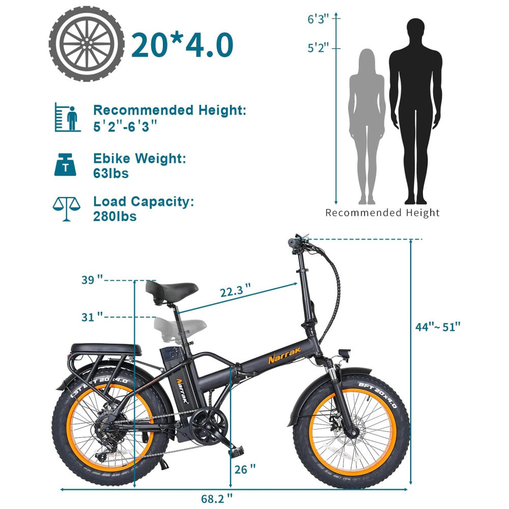 Bicicleta Elétrica Dobrável Narrak S129 Laranja StepOver, Motor Traseiro 750W Pico 1100W , Bateria 48V 13Ah 624Wh , Pneus Largos 20 x4 , Freios a Disco Duplos, Suspensão Dianteira, Transmissão SHIMANO 7 Velocidades, Velocidade Máxima 45,1 km h, Laranja