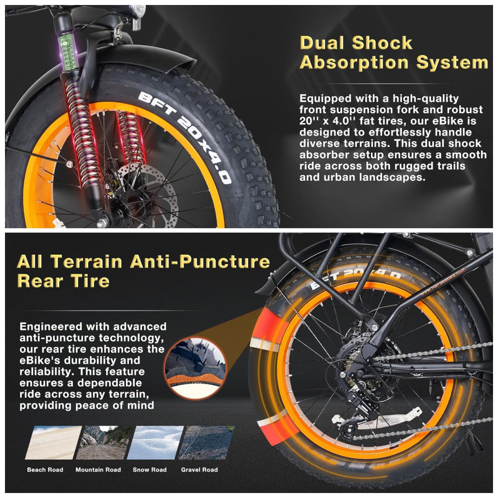 Bicicleta Elétrica Dobrável Narrak S129 Laranja StepOver, Motor Traseiro 750W Pico 1100W , Bateria 48V 13Ah 624Wh , Pneus Largos 20 x4 , Freios a Disco Duplos, Suspensão Dianteira, Transmissão SHIMANO 7 Velocidades, Velocidade Máxima 45,1 km h, Laranja