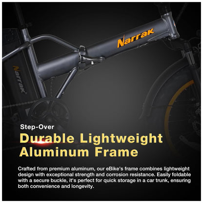Bicicleta Elétrica Dobrável Narrak S129 Laranja StepOver, Motor Traseiro 750W Pico 1100W , Bateria 48V 13Ah 624Wh , Pneus Largos 20 x4 , Freios a Disco Duplos, Suspensão Dianteira, Transmissão SHIMANO 7 Velocidades, Velocidade Máxima 45,1 km h, Laranja